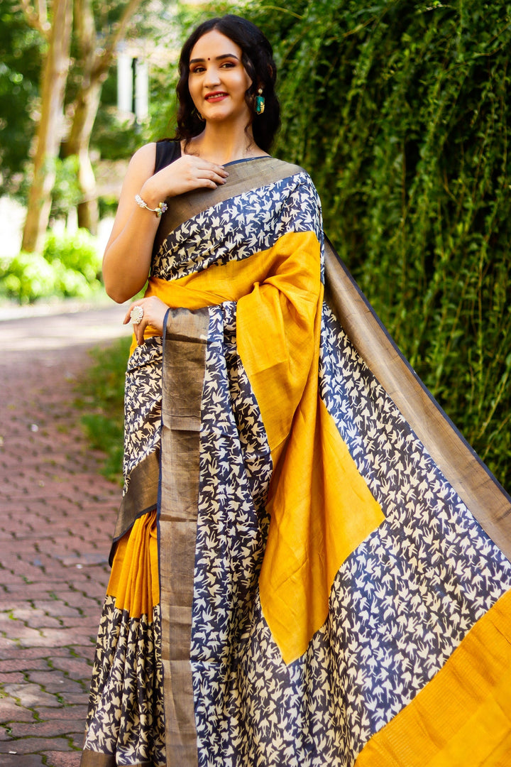 Printed Tussar Silk Handloom Saree Traditional Kalamkari Style With Blouse