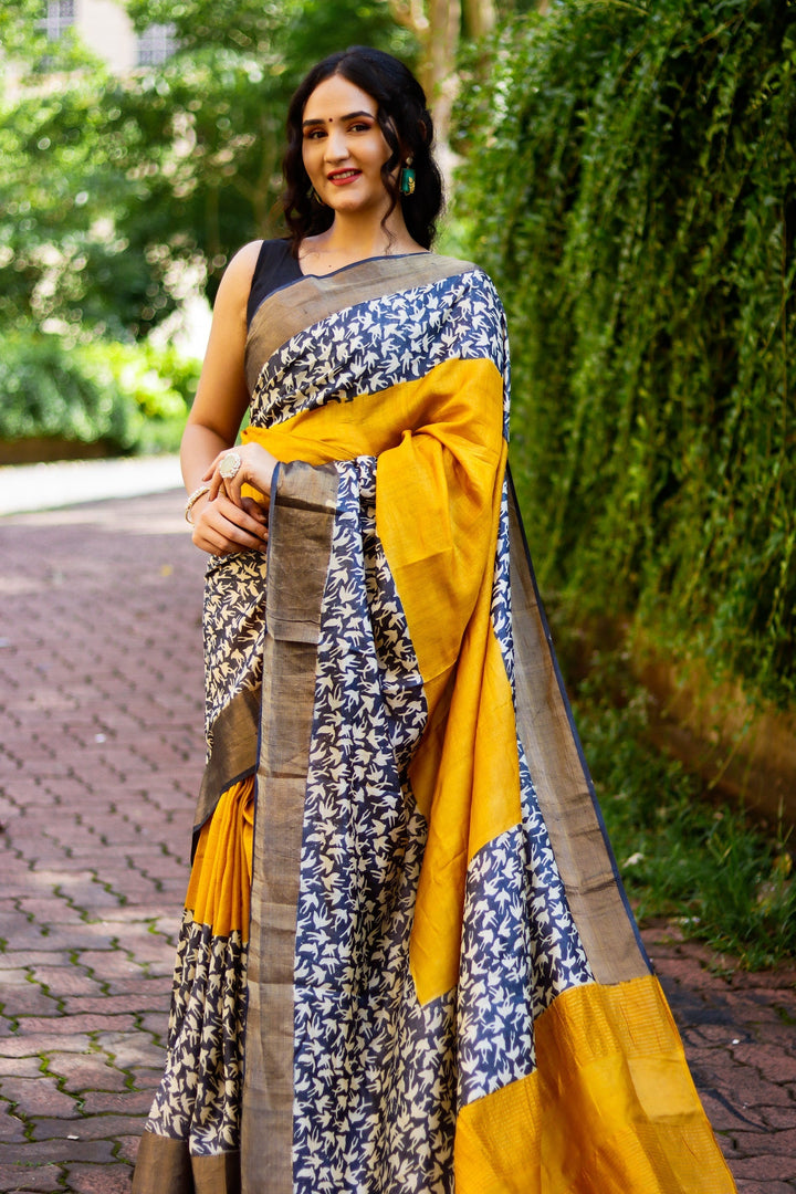Printed Tussar Silk Handloom Saree Traditional Kalamkari Style With Blouse