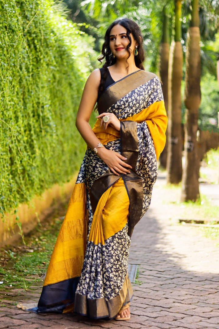 Printed Tussar Silk Handloom Saree Traditional Kalamkari Style With Blouse