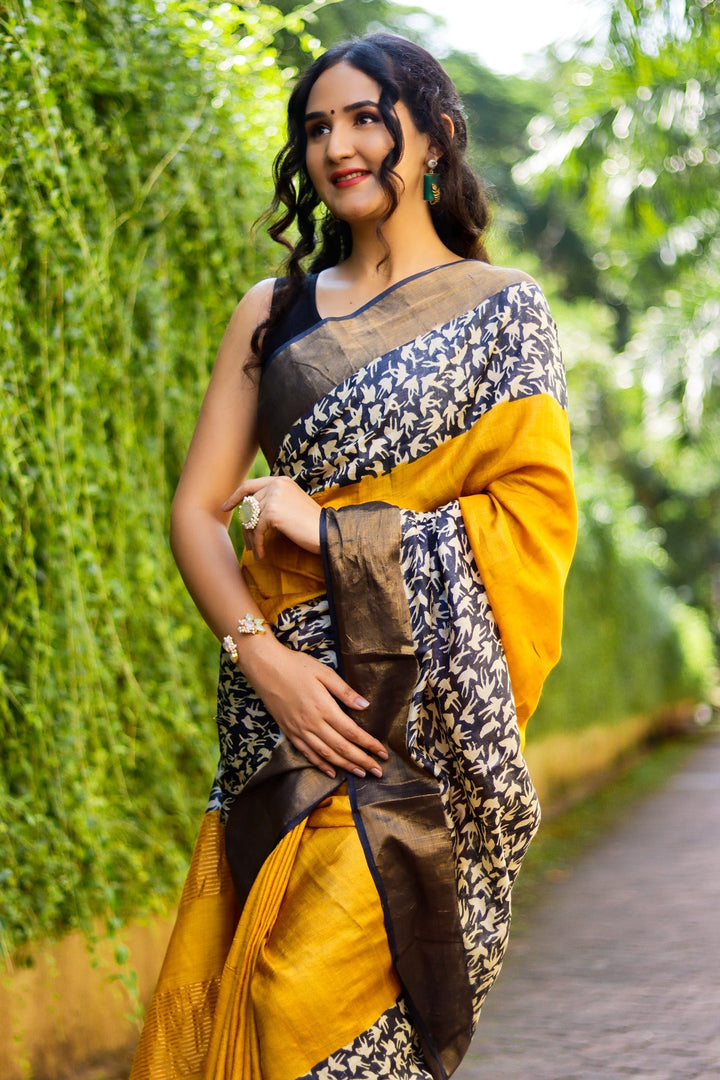 Printed Tussar Silk Handloom Saree Traditional Kalamkari Style With Blouse
