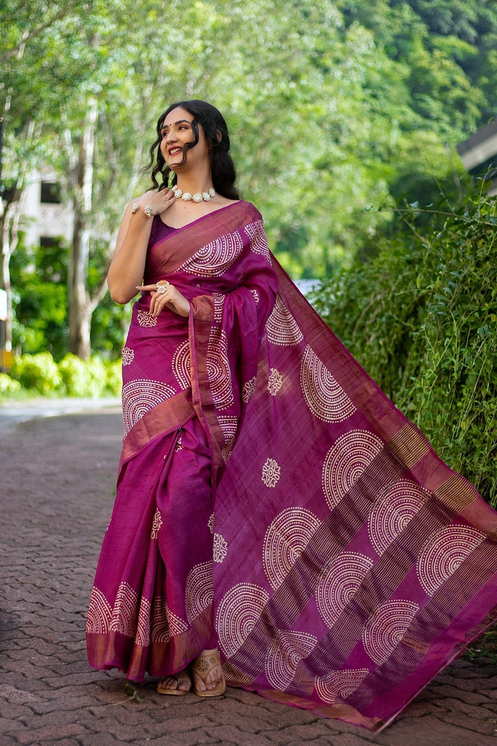 Cultural Kalamkari Tussar Silk Saree Handloom Textile With Matching Blouse