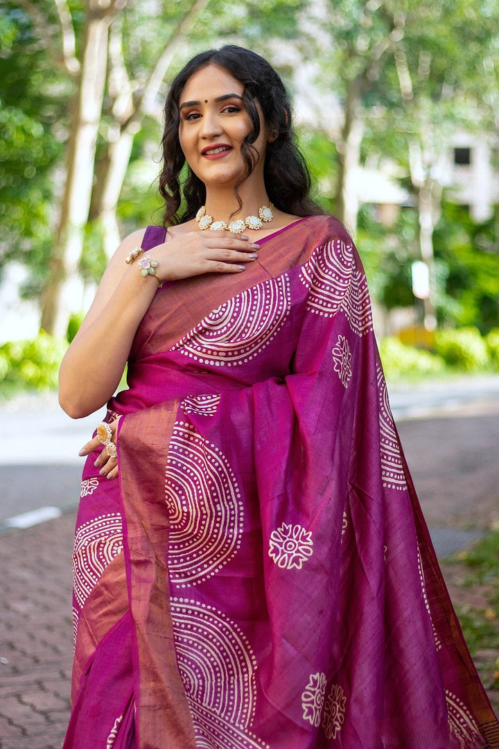 Cultural Kalamkari Tussar Silk Saree Handloom Textile With Matching Blouse