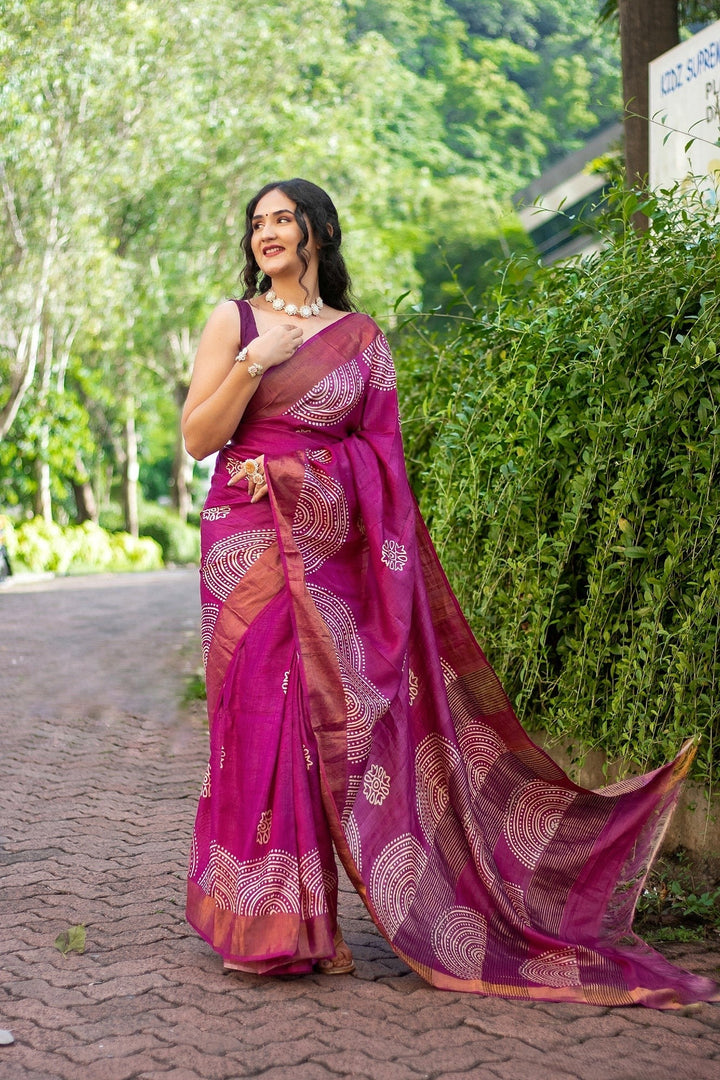 Cultural Kalamkari Tussar Silk Saree Handloom Textile With Matching Blouse