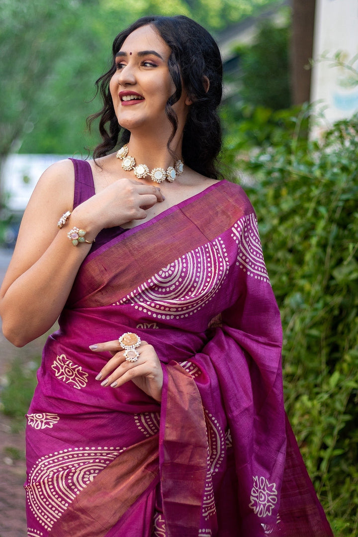 Cultural Kalamkari Tussar Silk Saree Handloom Textile With Matching Blouse