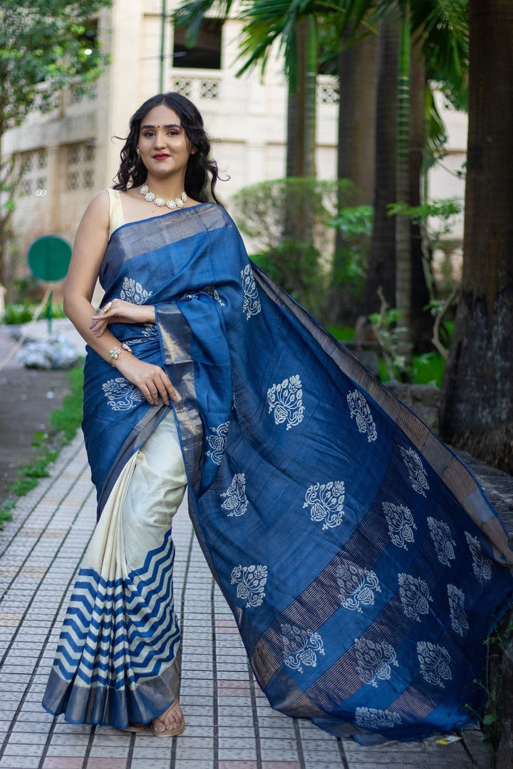 Traditional Kalamkari Tussar Silk Saree Handloom Woven With Blouse Fabric