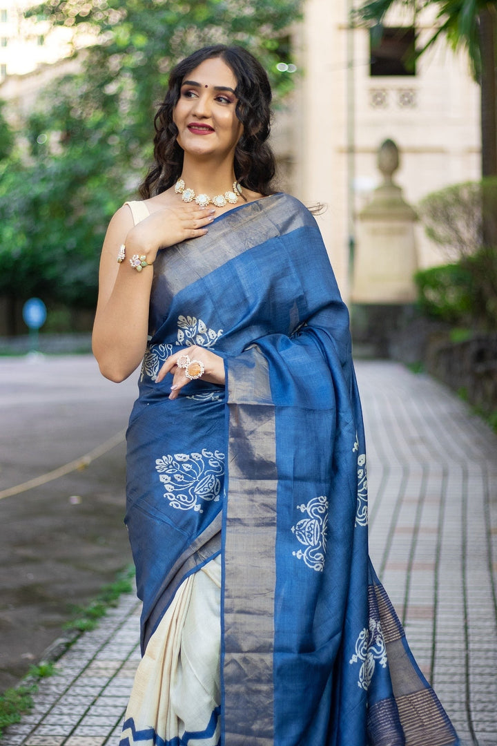 Traditional Kalamkari Tussar Silk Saree Handloom Woven With Blouse Fabric