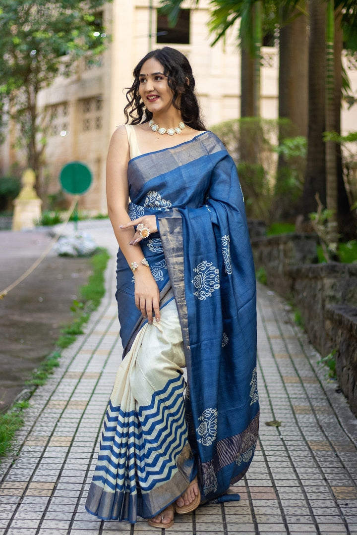 Traditional Kalamkari Tussar Silk Saree Handloom Woven With Blouse Fabric