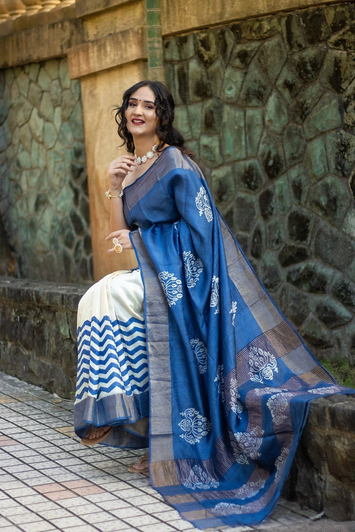 Traditional Kalamkari Tussar Silk Saree Handloom Woven With Blouse Fabric