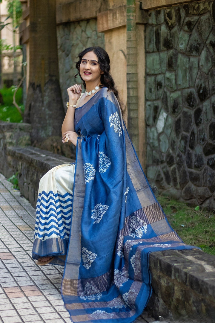 Traditional Kalamkari Tussar Silk Saree Handloom Woven With Blouse Fabric