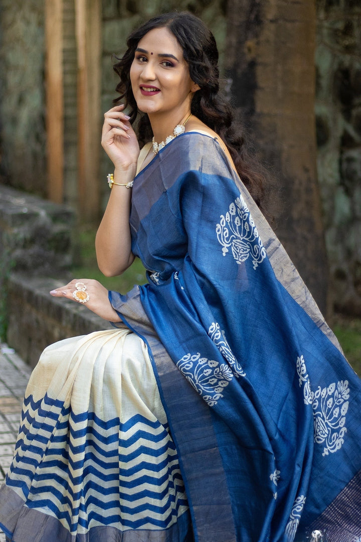 Traditional Kalamkari Tussar Silk Saree Handloom Woven With Blouse Fabric