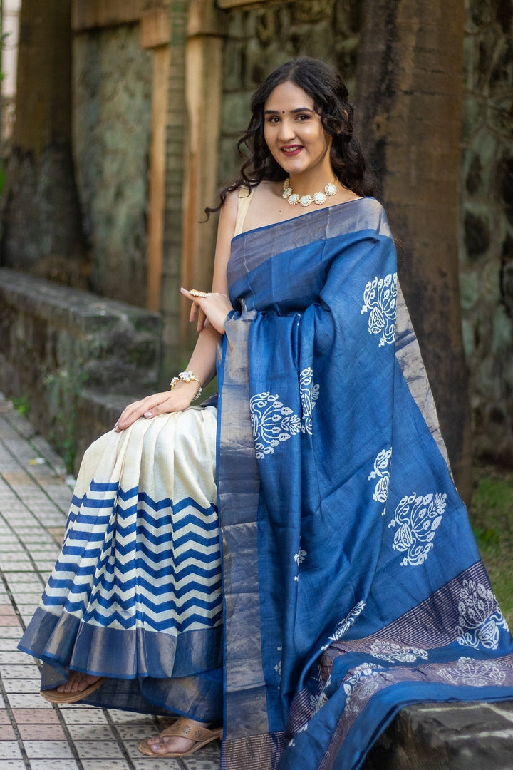 Traditional Kalamkari Tussar Silk Saree Handloom Woven With Blouse Fabric