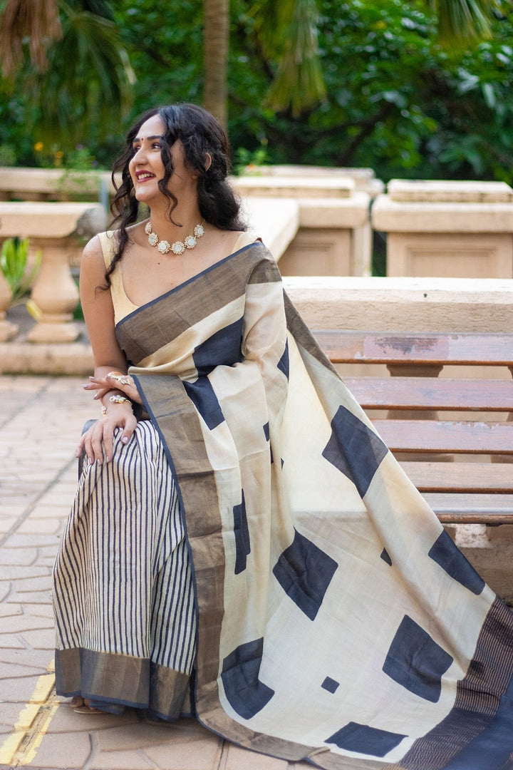 Designer Tussar Silk Saree Kalamkari Printed Handloom Finish With Blouse