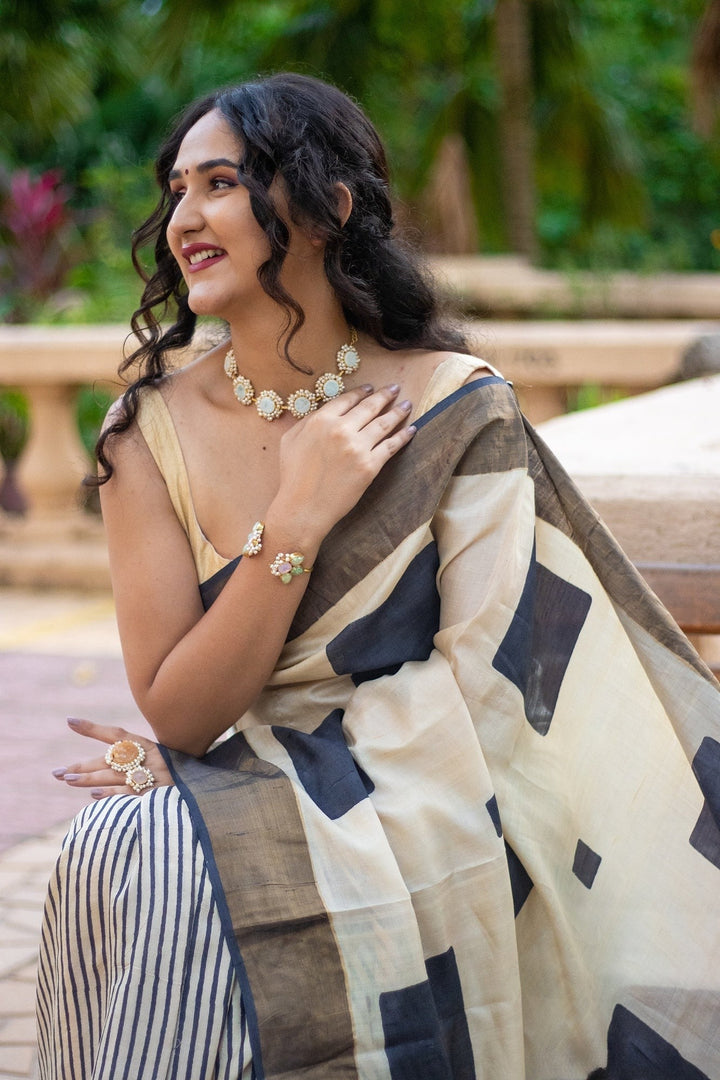 Designer Tussar Silk Saree Kalamkari Printed Handloom Finish With Blouse