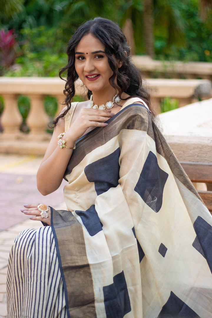 Designer Tussar Silk Saree Kalamkari Printed Handloom Finish With Blouse