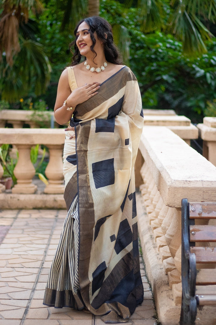 Designer Tussar Silk Saree Kalamkari Printed Handloom Finish With Blouse