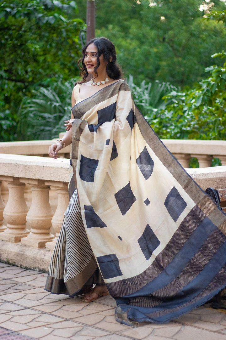 Designer Tussar Silk Saree Kalamkari Printed Handloom Finish With Blouse