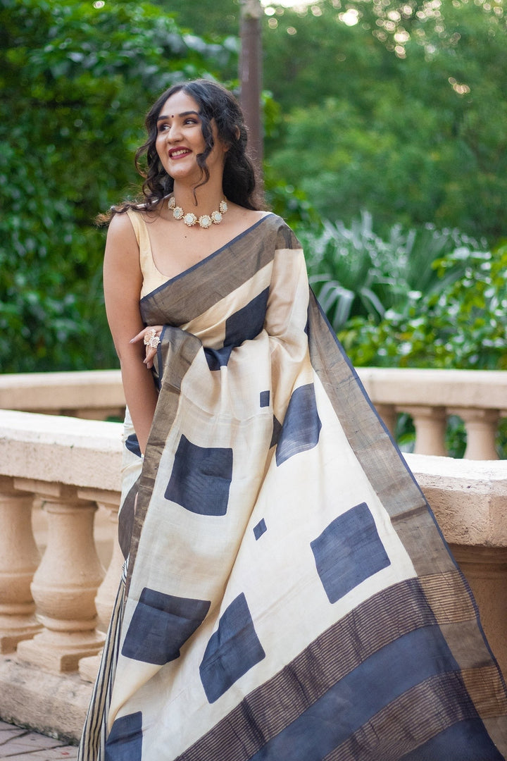 Designer Tussar Silk Saree Kalamkari Printed Handloom Finish With Blouse