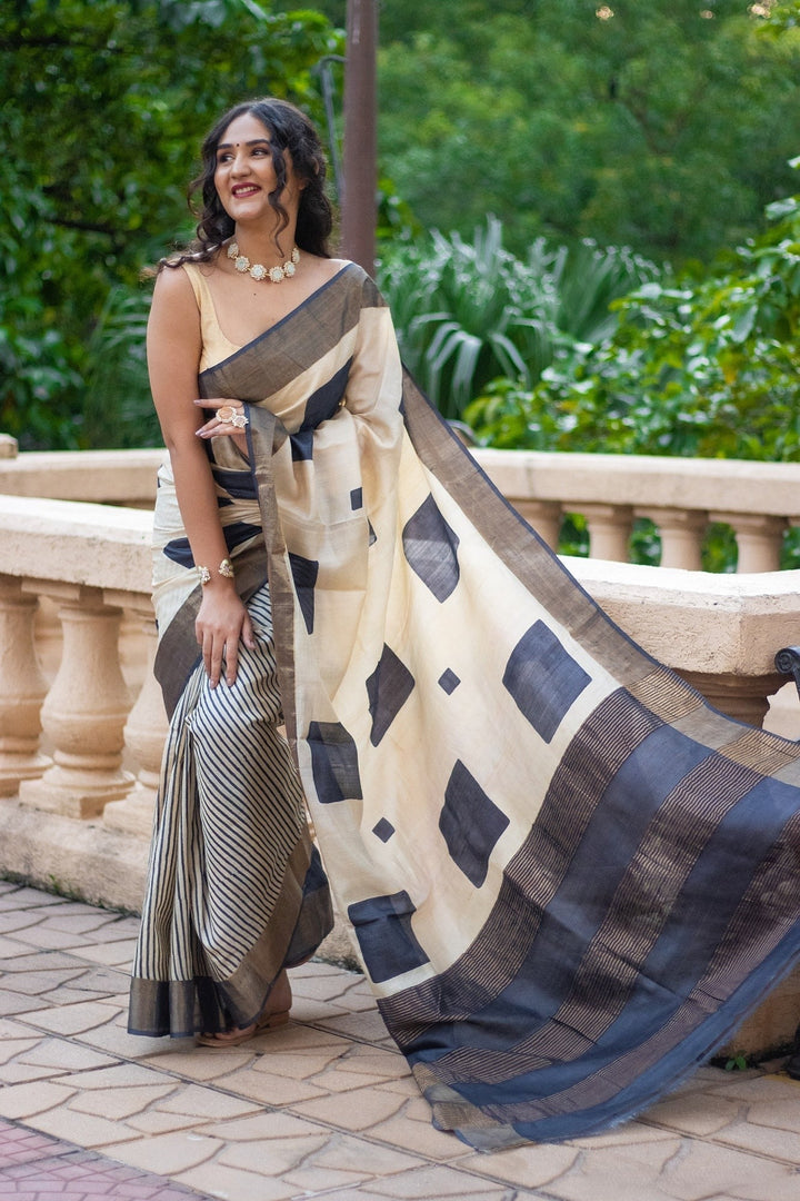 Designer Tussar Silk Saree Kalamkari Printed Handloom Finish With Blouse