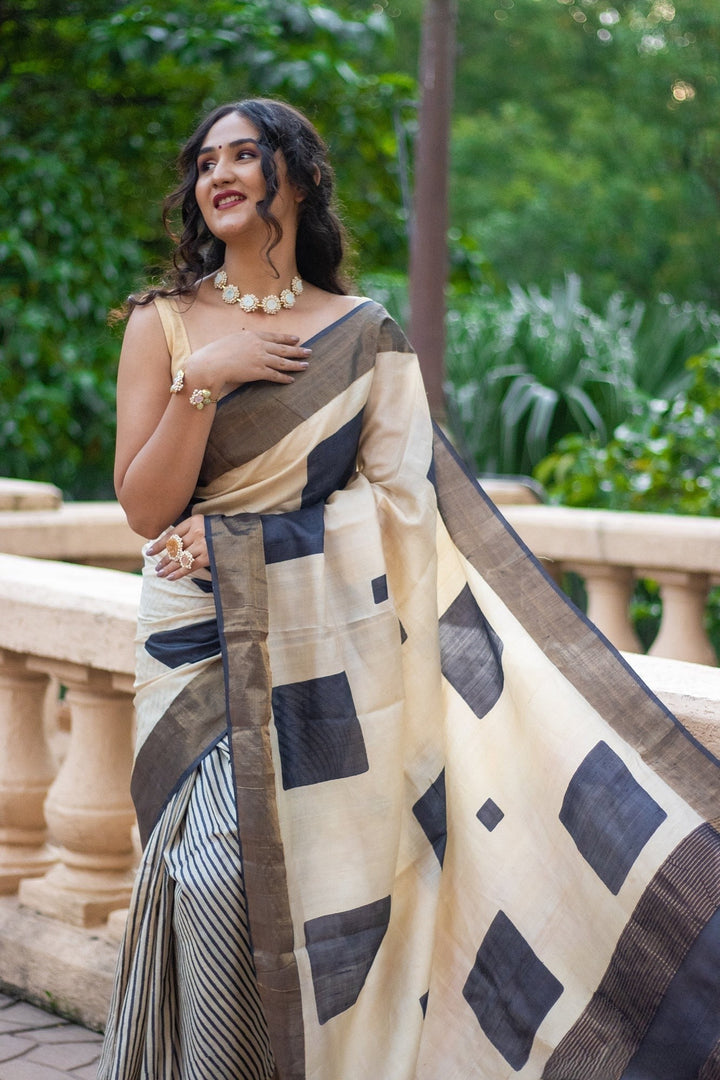 Designer Tussar Silk Saree Kalamkari Printed Handloom Finish With Blouse