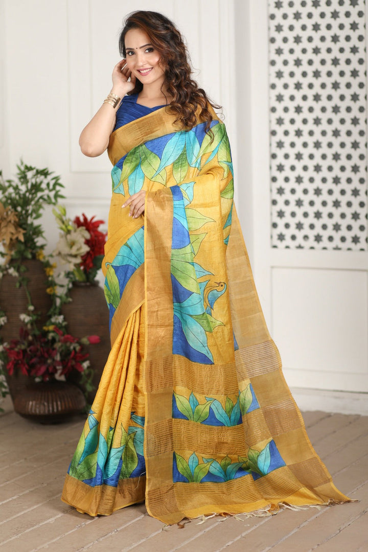 Boho Chic Tussar Silk Saree Handloom Made With Kalamkari Artwork And Blouse
