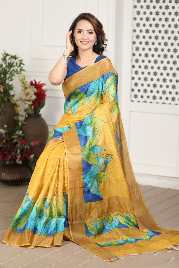 Boho Chic Tussar Silk Saree Handloom Made With Kalamkari Artwork And Blouse