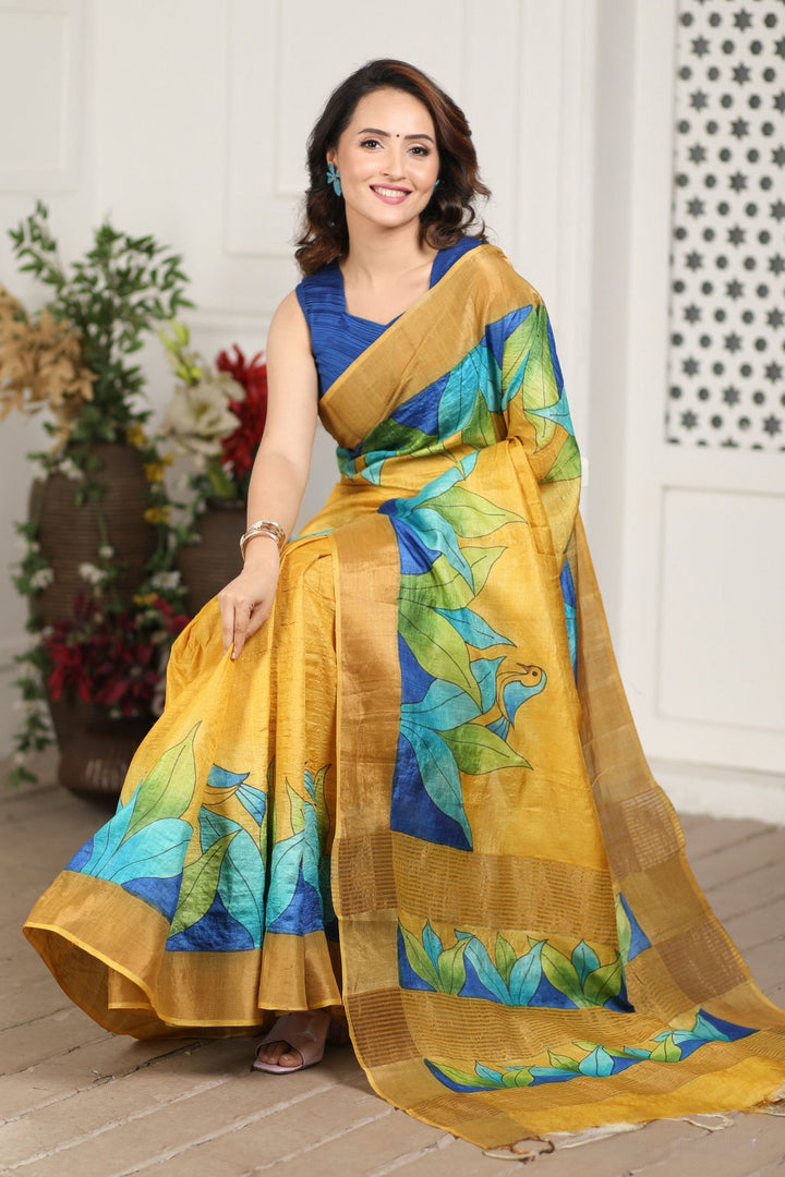 Boho Chic Tussar Silk Saree Handloom Made With Kalamkari Artwork And Blouse