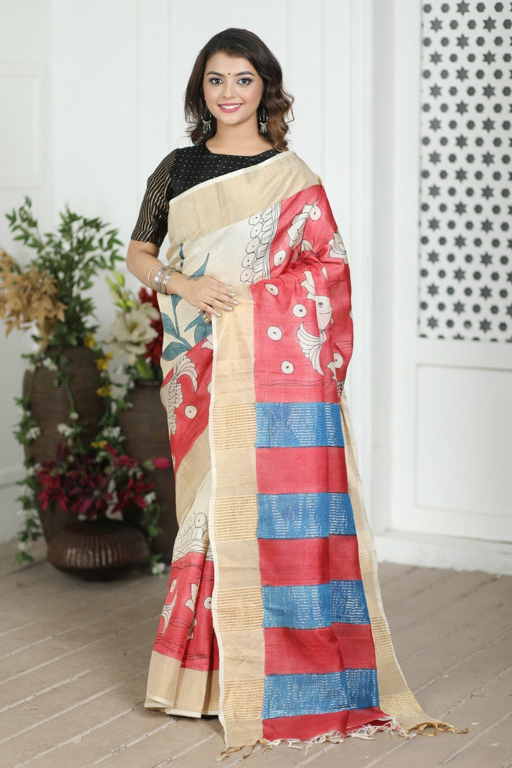 Festive Wear Handloom Tussar Saree Kalamkari Art Print And Blouse Piece Included