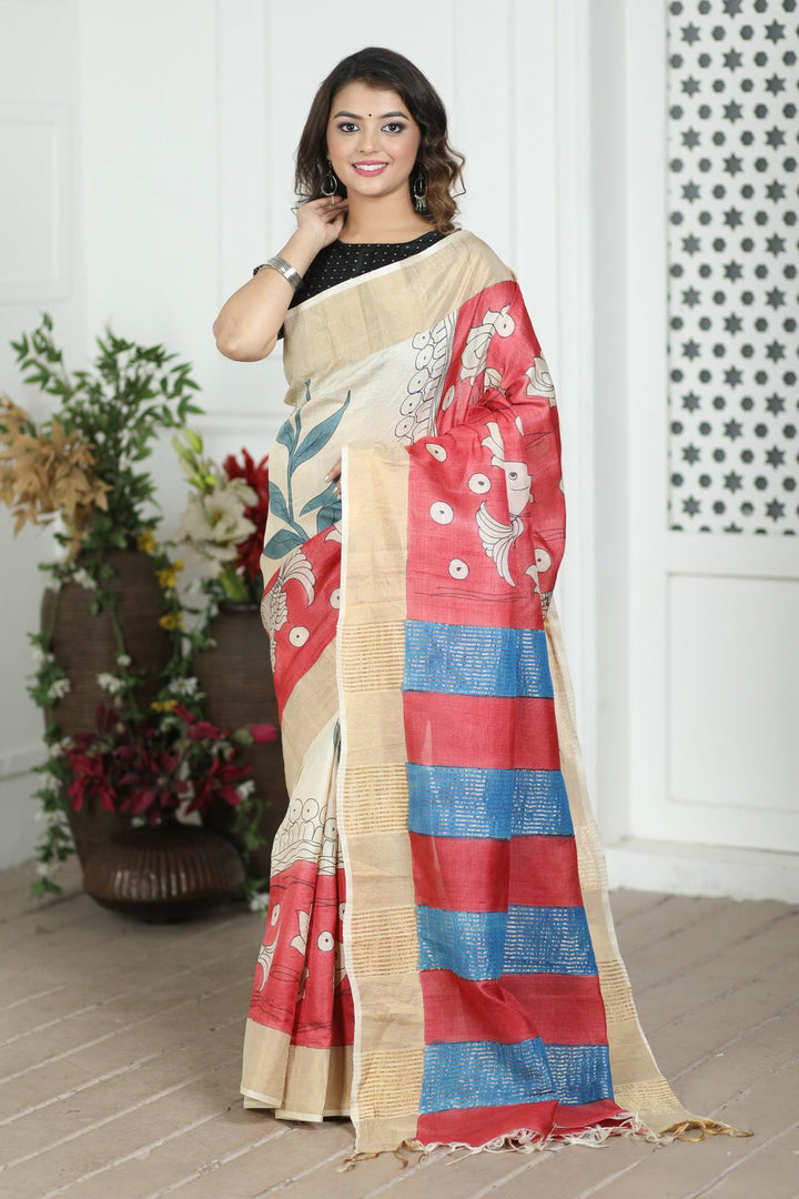 Festive Wear Handloom Tussar Saree Kalamkari Art Print And Blouse Piece Included