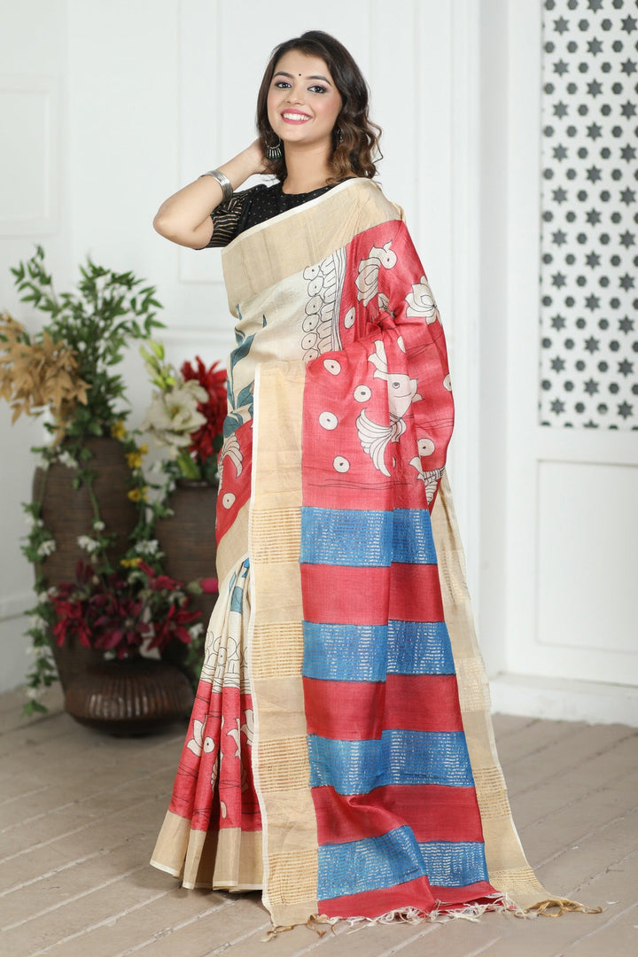 Festive Wear Handloom Tussar Saree Kalamkari Art Print And Blouse Piece Included
