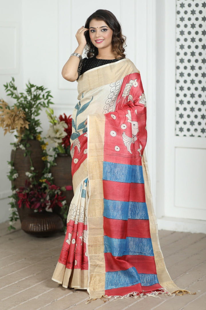 Festive Wear Handloom Tussar Saree Kalamkari Art Print And Blouse Piece Included