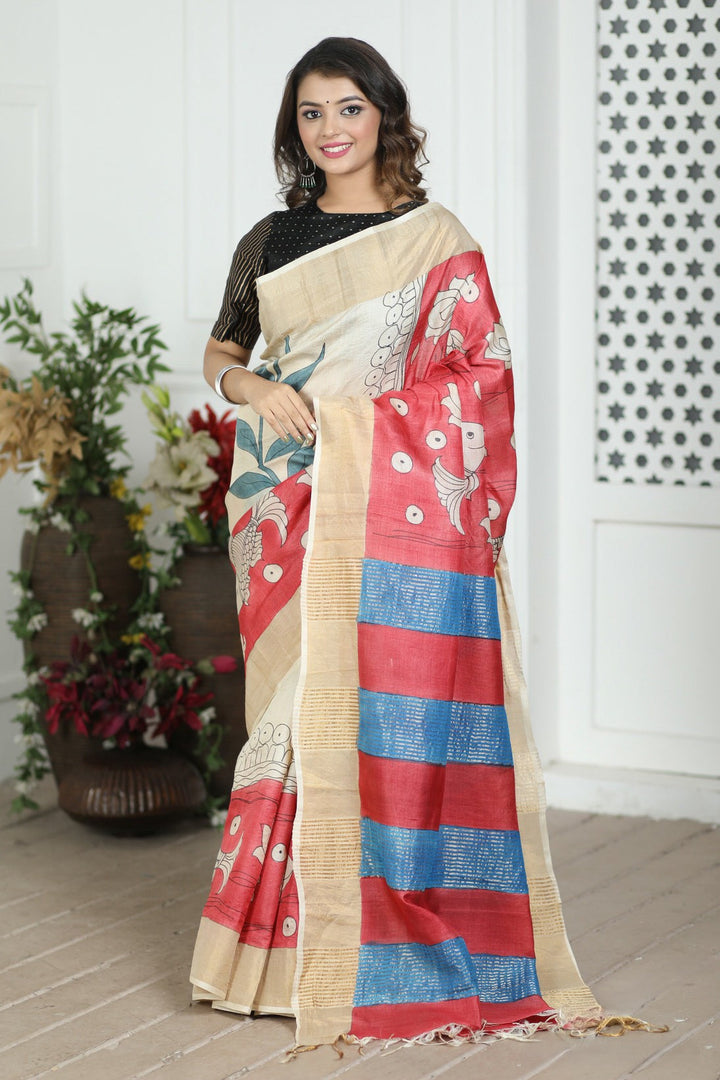Festive Wear Handloom Tussar Saree Kalamkari Art Print And Blouse Piece Included
