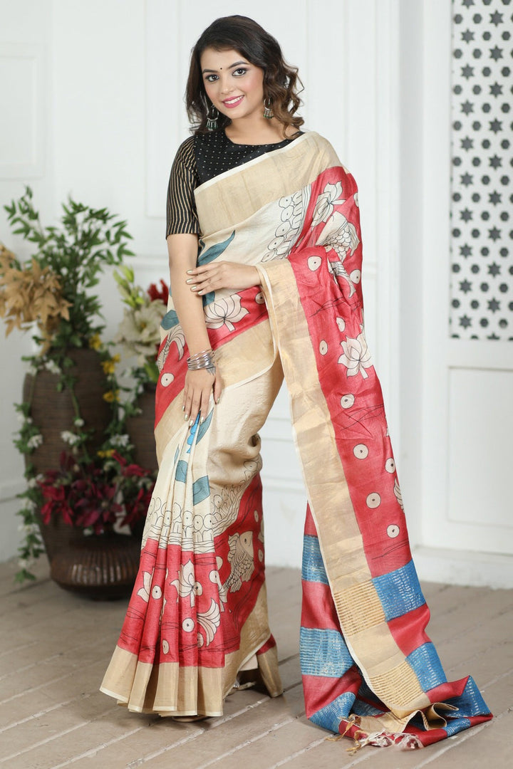 Festive Wear Handloom Tussar Saree Kalamkari Art Print And Blouse Piece Included