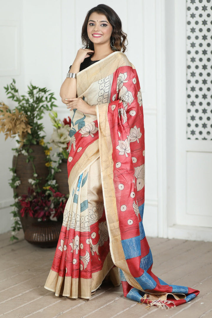 Festive Wear Handloom Tussar Saree Kalamkari Art Print And Blouse Piece Included