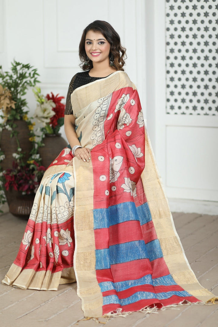 Festive Wear Handloom Tussar Saree Kalamkari Art Print And Blouse Piece Included
