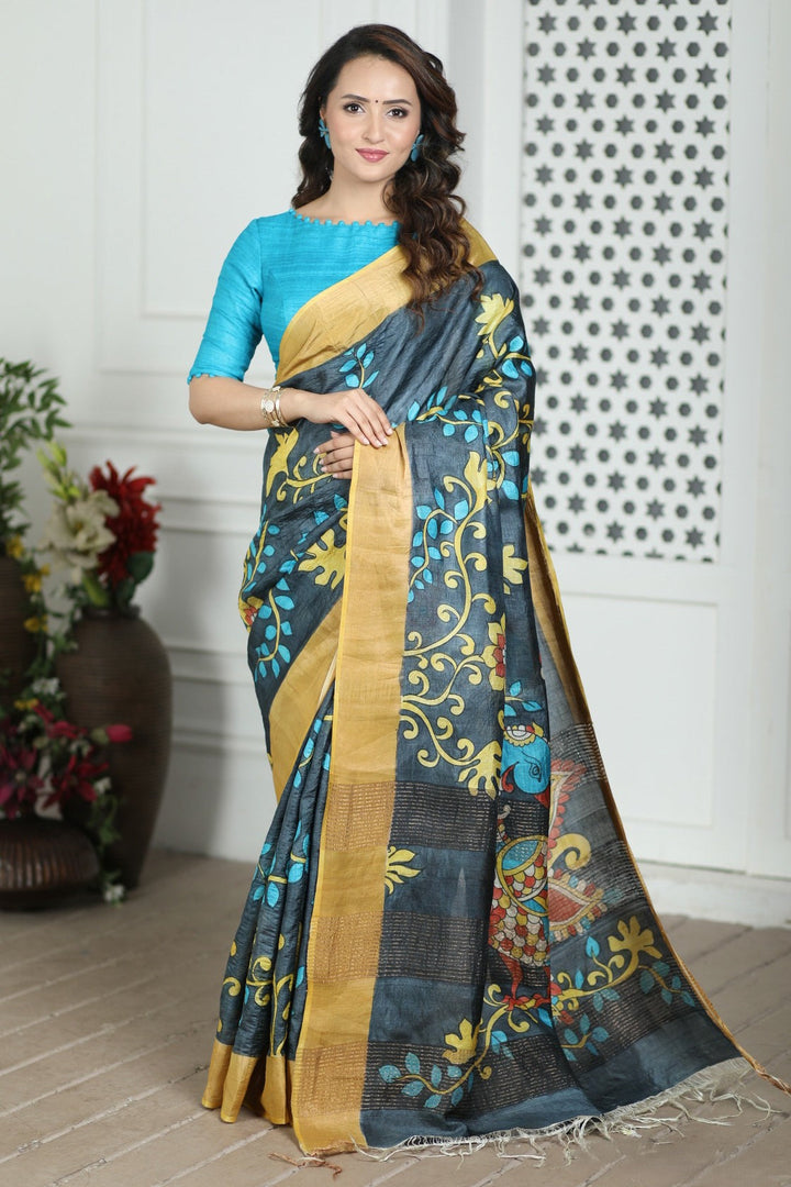 Rich Tussar Silk Kalamkari Saree Handloom Ethnic Drape With Unstitched Blouse