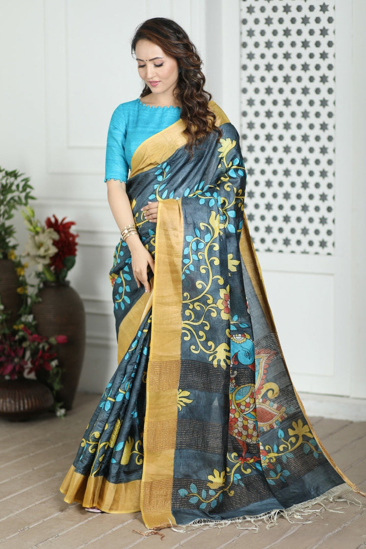 Rich Tussar Silk Kalamkari Saree Handloom Ethnic Drape With Unstitched Blouse