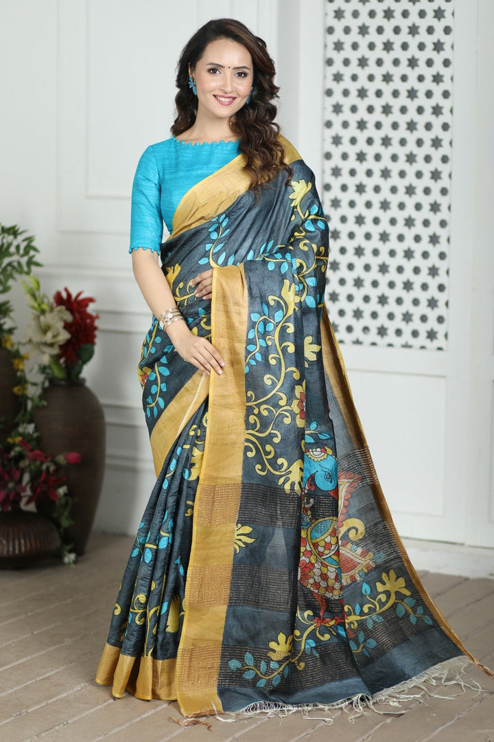 Rich Tussar Silk Kalamkari Saree Handloom Ethnic Drape With Unstitched Blouse