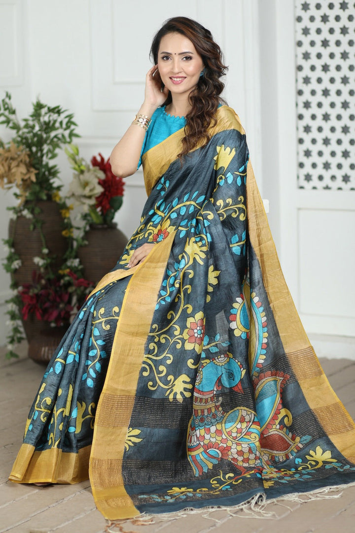 Rich Tussar Silk Kalamkari Saree Handloom Ethnic Drape With Unstitched Blouse