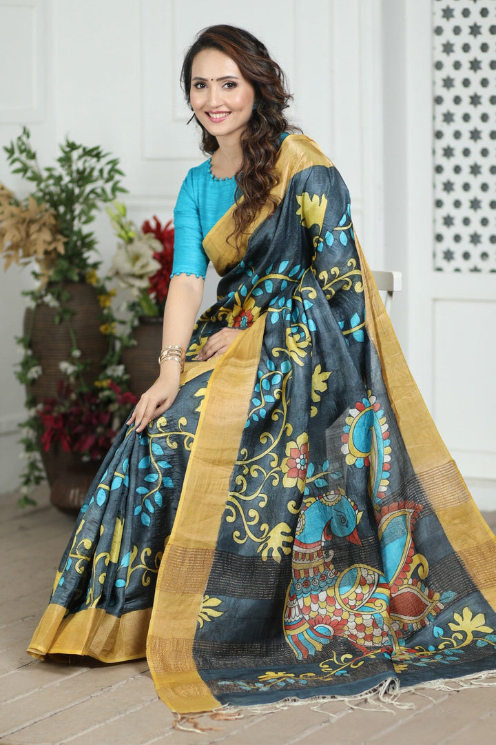 Rich Tussar Silk Kalamkari Saree Handloom Ethnic Drape With Unstitched Blouse