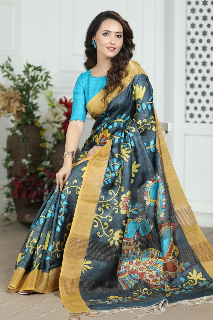 Rich Tussar Silk Kalamkari Saree Handloom Ethnic Drape With Unstitched Blouse