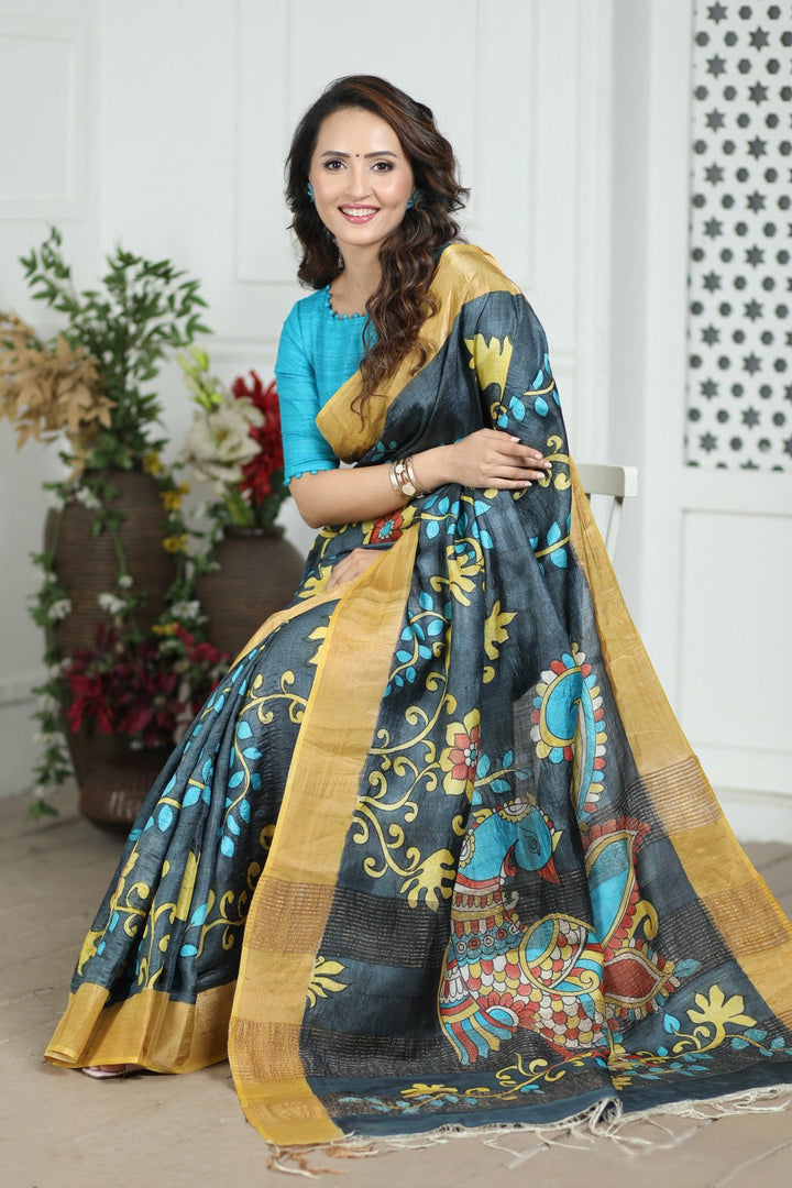 Rich Tussar Silk Kalamkari Saree Handloom Ethnic Drape With Unstitched Blouse
