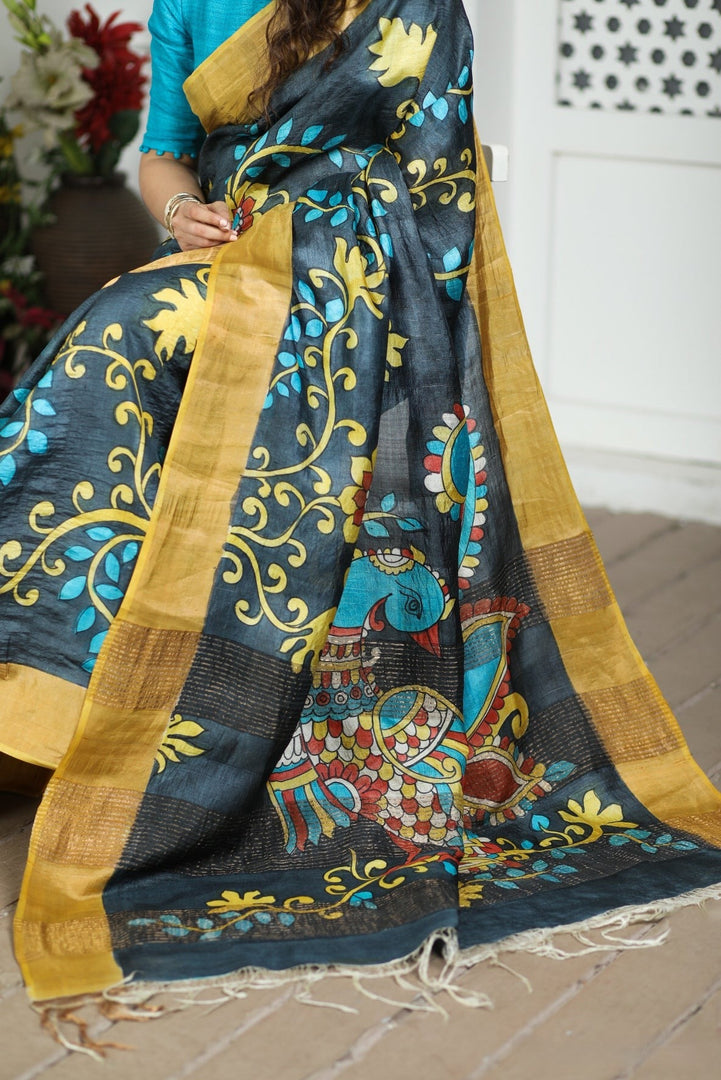 Rich Tussar Silk Kalamkari Saree Handloom Ethnic Drape With Unstitched Blouse