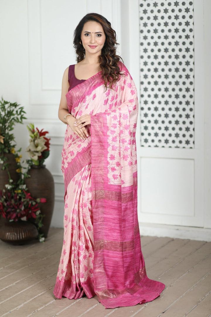 Authentic Handloom Tussar Silk Saree Kalamkari Motif With Blouse Fabric