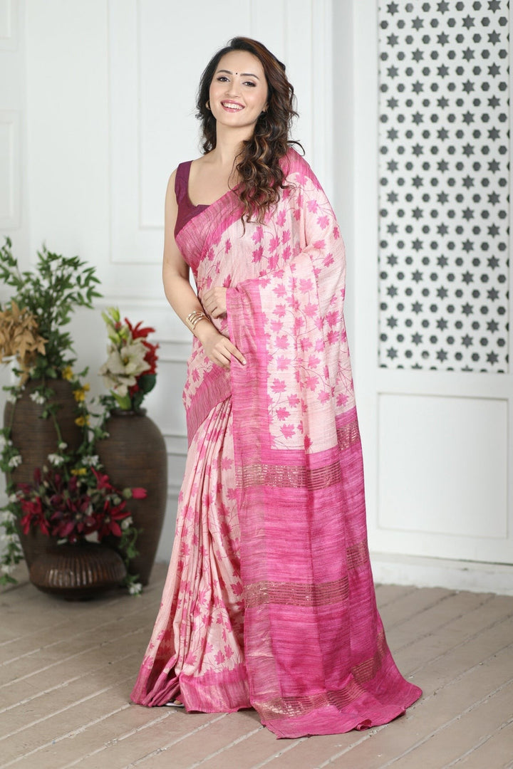 Authentic Handloom Tussar Silk Saree Kalamkari Motif With Blouse Fabric