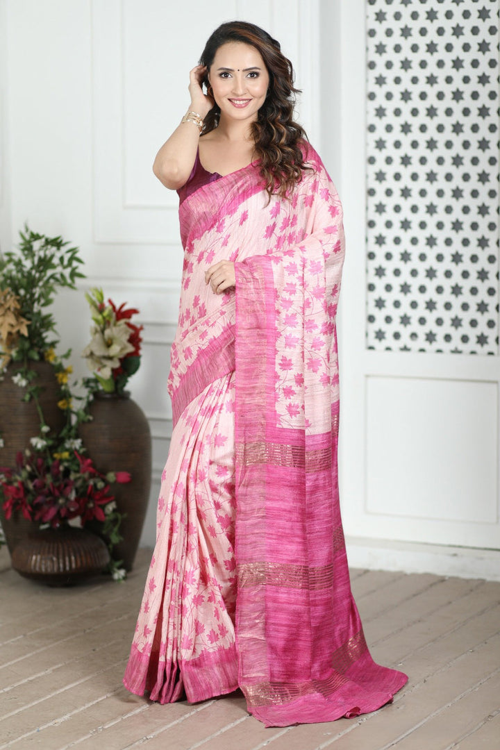 Authentic Handloom Tussar Silk Saree Kalamkari Motif With Blouse Fabric