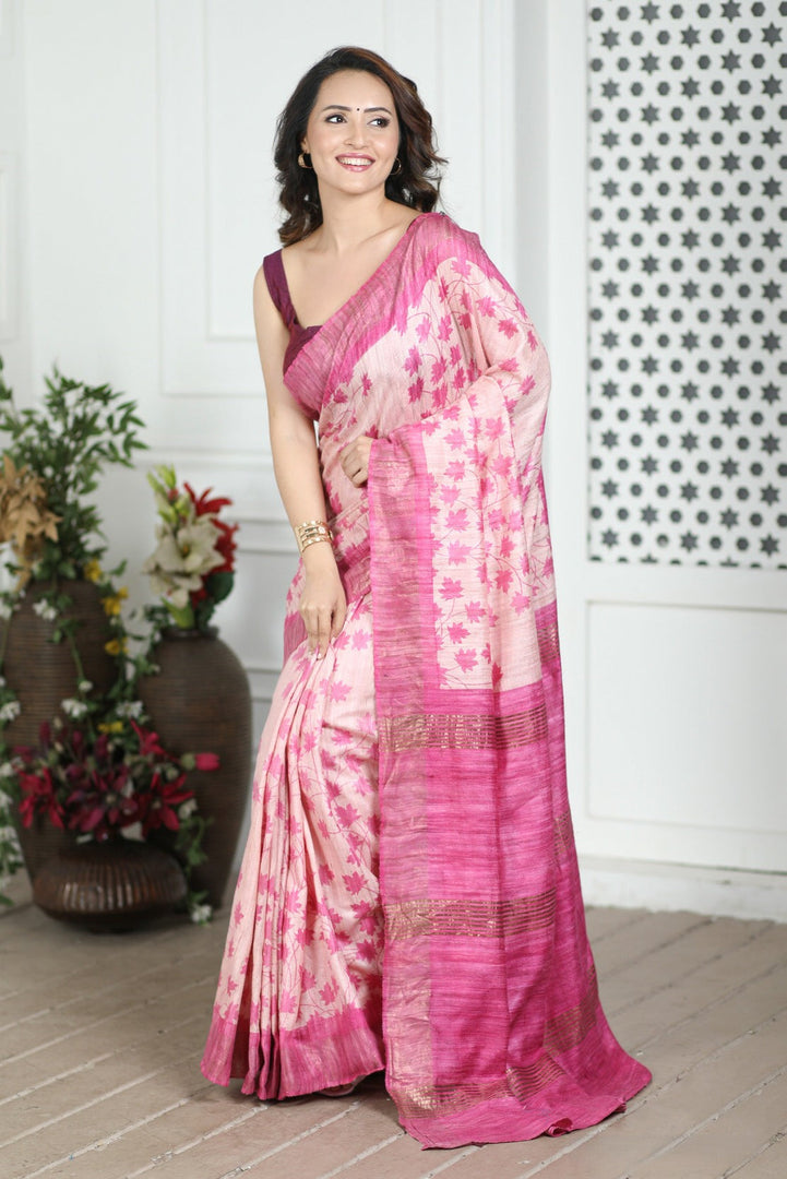Authentic Handloom Tussar Silk Saree Kalamkari Motif With Blouse Fabric