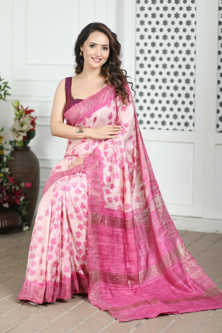 Authentic Handloom Tussar Silk Saree Kalamkari Motif With Blouse Fabric