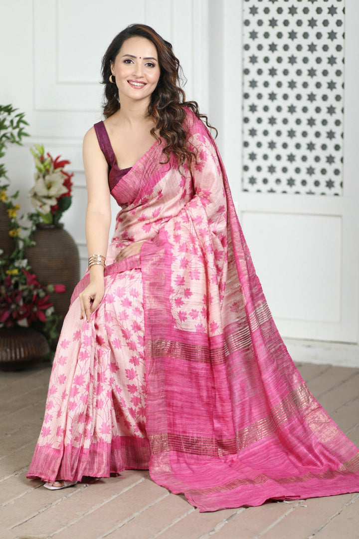 Authentic Handloom Tussar Silk Saree Kalamkari Motif With Blouse Fabric