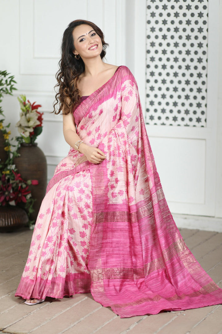 Authentic Handloom Tussar Silk Saree Kalamkari Motif With Blouse Fabric