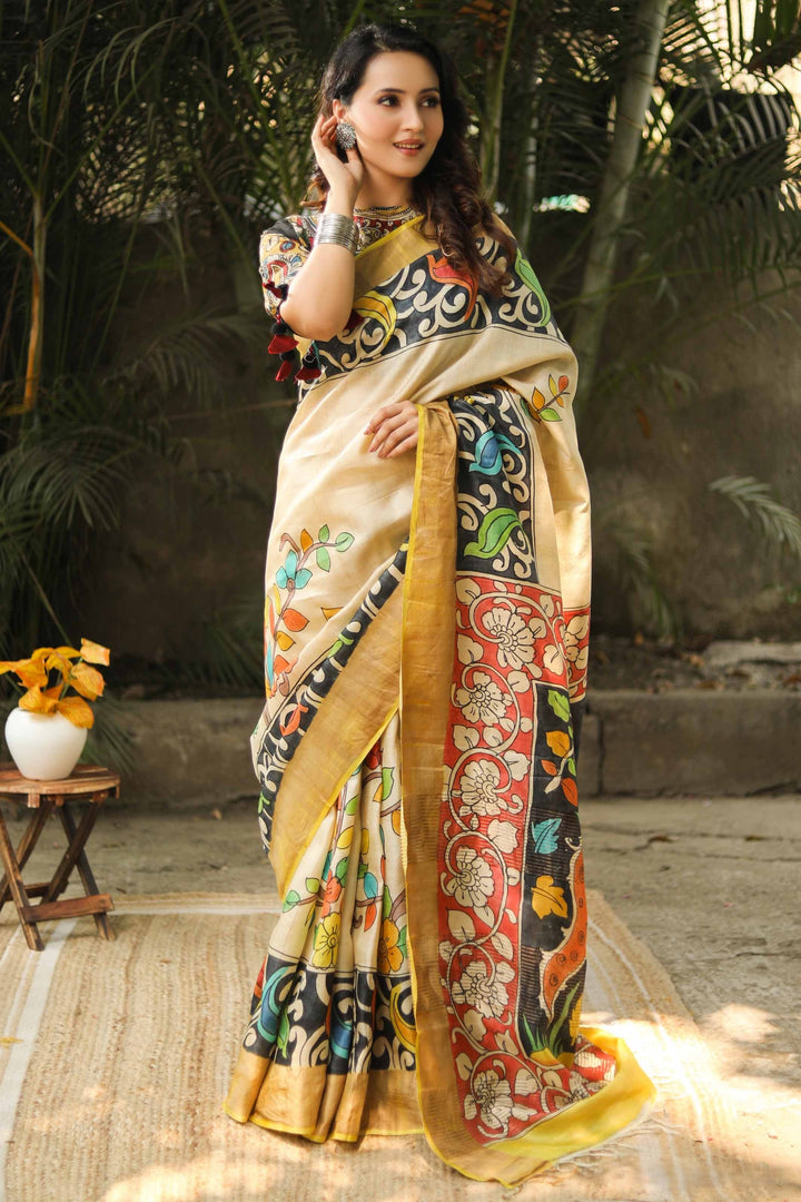 Timeless Luxury Handloom Kalamkari Print Tussar Silk Cream Saree